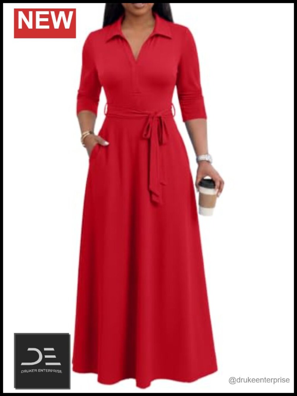 Women Maxi Dress V Neck 3/4 Sleeve Semi Formal Church with Pockets